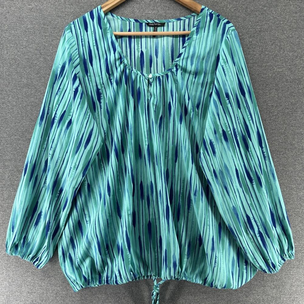 Daisy Fuentes Womens Plus 1X Blouse Blue Green Boho Long Sleeve Drawstring Top